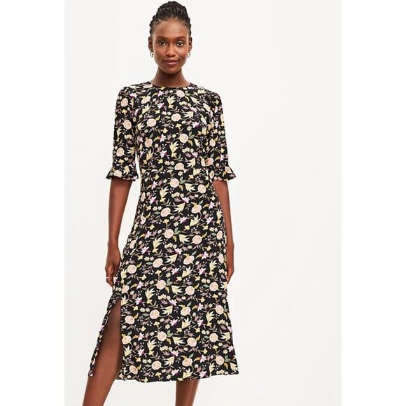 Loft Dresses & Skirts - Loft Womens Midi Dress 14 Black Fall Floral Side Slit Ruffle Half Sleeve